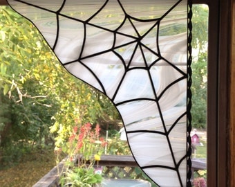 Custom Spiderweb White and Clear Wispy Stained Glass Spider Web Corner