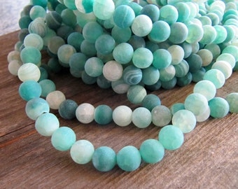 8mm Frosted AGATE Beads, Sea Green, Crackle Agate, Round, Matte, Pastel Stone Beads, 1 Strand 15 Inches, Approx. 48 Beads, Effloresce,