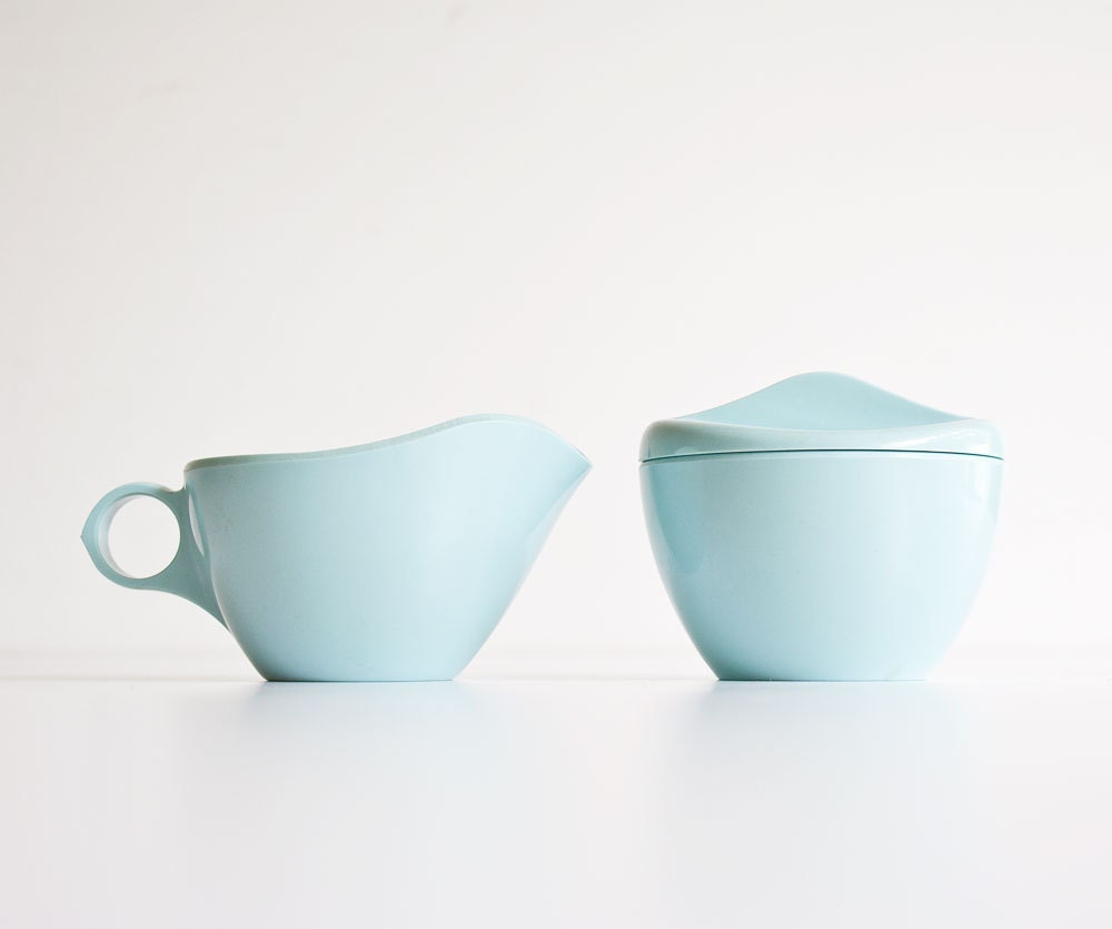 Vintage Mid Century Modern Aqua Melamine Sugar Creamer Set Haute Juice