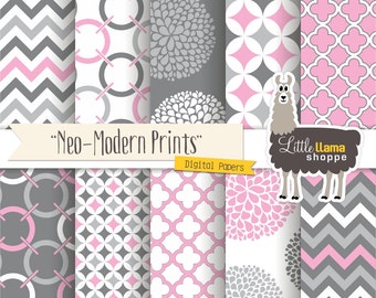 Pink Digital Paper Pack, Pink & Gray Scrapbook Papers, Geometric Chevron Quatrefoil Floral Patterns, Commercial Use