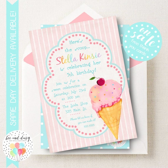 Ice Cream Birthday Invitation, Ice Cream Invitation, Ice Cream Party, Girl First Birthday, Girl Birthday, Printable Ice Cream Invite Il_570xn