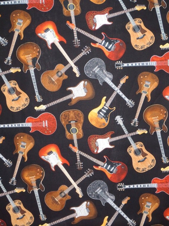 Printable Acoustic Fabric | allover guitar print on black pure cotton fabricone yard Printable Acoustic Fabric | allover guitar print on black pure cotton fabricone yard