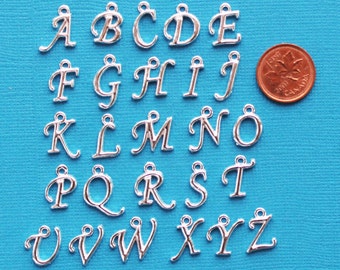 BULK 2 Sets Script Alphabet Letter Charms Antique Silver Tone Full Alphabet 26 Charms x 2 Beautiful Cursive Design - ALPHA800