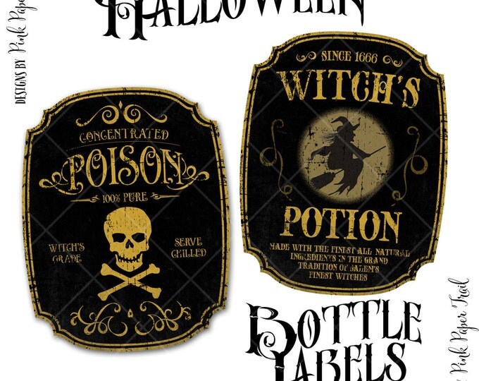 Halloween Party Bottle Labels, Vintage Bottle Labels, Instant Download, Print Your Own
