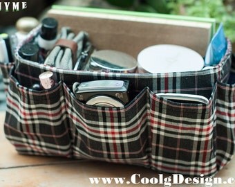 Purse organizer insert multi-pocket for handbag black plaid Large 25x10 cm