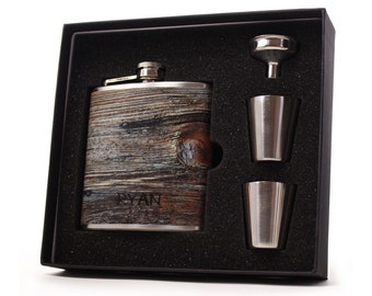 Personalized Flask //Faux Weathered Wood Flask