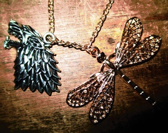 Sansa Stark's "Dragonfly" and House Crest "Direwolf" Reversible Necklace Set - Courage, Nobility, Strength, Honor, Beauty, Loyalty, Love