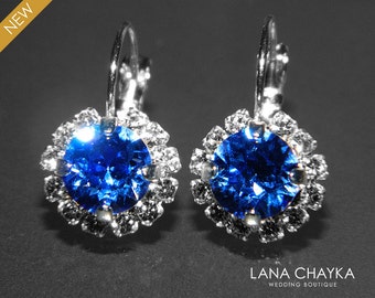 Sapphire Halo Crystal Earrings Swarovski Rhinestone Earrings Leverback Earrings Royal Blue Cobalt Bridesmaid Jewelry Birthstone September