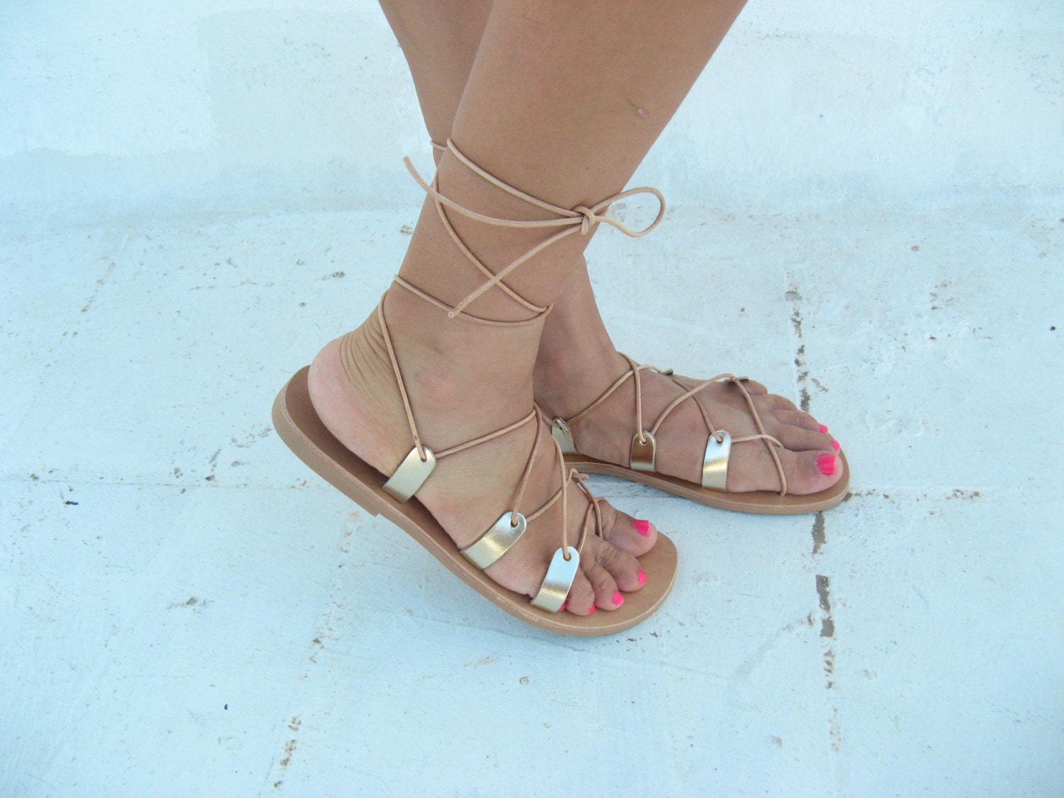 Greek lace up sandals Gold sandals Gladiators-Sandales by EATHINI