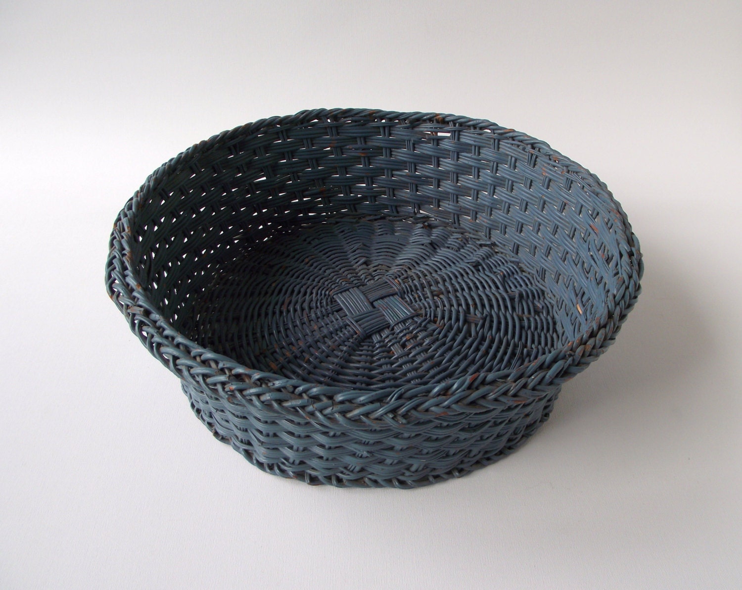 Blue Painted Basket Vintage Flat Bottom Basket Round