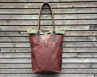 Leather tote bag / shoulderbag made from oiled leather with roll to close top in waxed canvas
