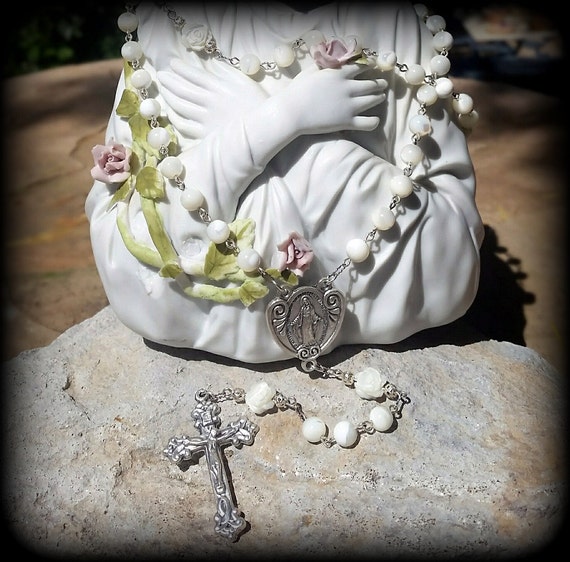 White Mother of Pearl Rosary, Holy Communion, Wedding , Baptism,  Mother's Day