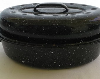 Vintage Graniteware Roasting Pan, Small Black Enamelware Roaster, Chicken Roasting Pan