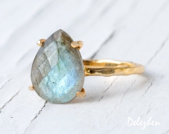 Labradorite Ring Gold, Solitaire Ring, Gemstone Ring, Stacking Ring, Gold Ring, Tear Drop Ring, Prong Set Ring, Unique Ring, Boho Ring