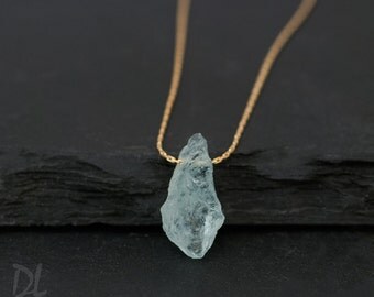 Raw Aquamarine Necklace - March Birthstone Necklace - Rough Gemstone Crystal Nugget Boho Style Layering Jewelry - Birthday Gift