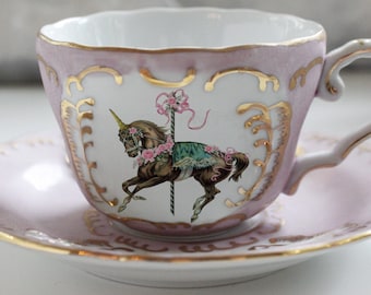 Unicorn Pink and Gold Teacup and Saucer Set, Custom Tea Cup, Bespoke Unicorn Dish, Unicorn Plates Available, Design Your Own Tea party!
