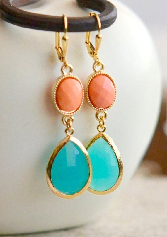 Turquoise and Coral Dangle Earrings in Gold. by RusticGem on Etsy