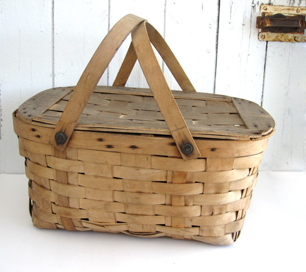Vintage Wooden Picnic Basket Rustic Wedding Decor Farmhouse