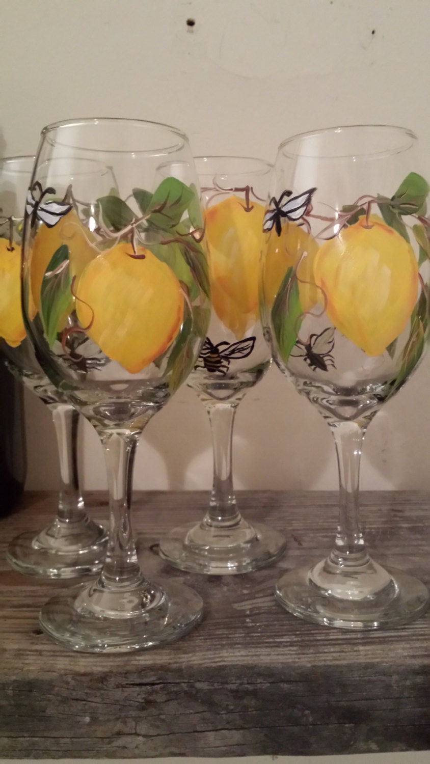 Hand painted lemon wine glasses