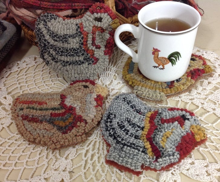 Rug Hooking PATTERN, Chicken Mug Rugs, P104, Primitive Hooked Chicken