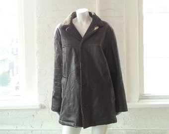 Brown Leather Shearling Jacket Vintage Men's Medium Women's XL Large Boho Deconstructed Preppy 90s J Crew Dark Brown Faux Shearling Coat