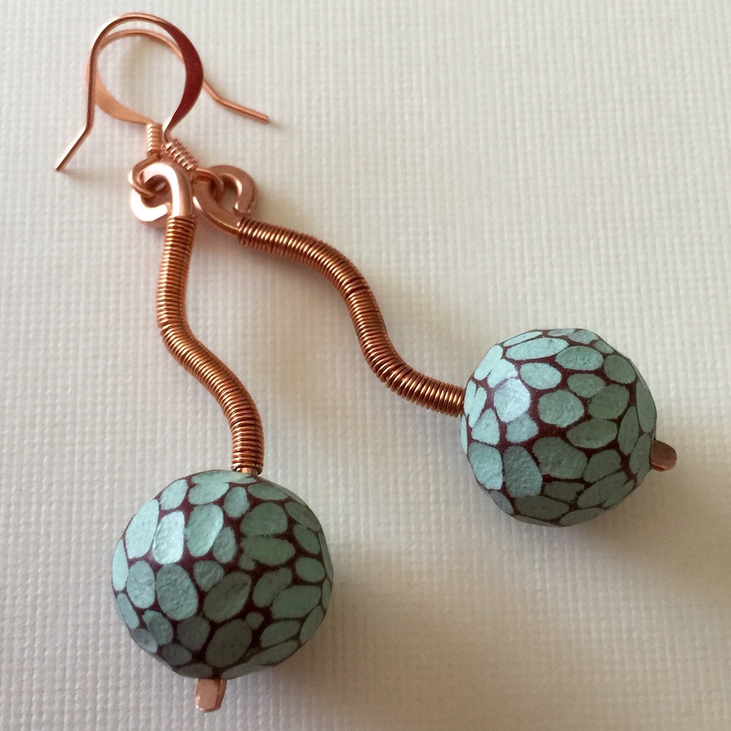 Modern polymer clay bead dangle earrings with copper wire
