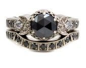 Modern Goth Engagement Ring Set - Black Rose Cut Diamond Moon Phase Stacking Wedding Rings White Gold