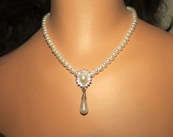 Faux Pearl and Rhinestone Vintage Necklace BRIDLE #033