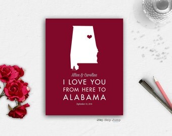 Unique Anniversary Gift - alabama crimson tide - personalized wedding - unique wedding gift - anniversary print --home state