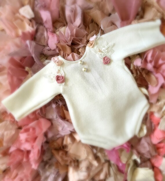 Items similar to Newborn Long Sleeve Ivory Rosette Romper, Onesie