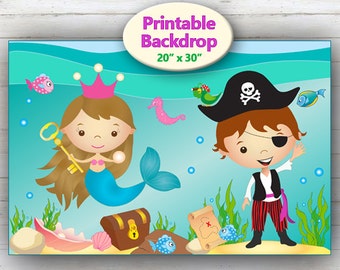 Printable Backdrop Mermaid & Pirate, Mermaid Backdrop Banner, Mermaid Decorations, Under the Sea Decorations, Mermaid Party Decor