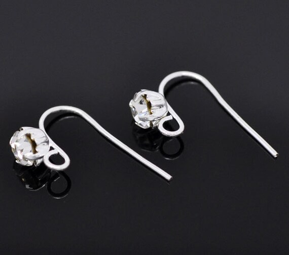 50 French Hooks Earring Ear Wires with 6mm Rhinestone in Prong