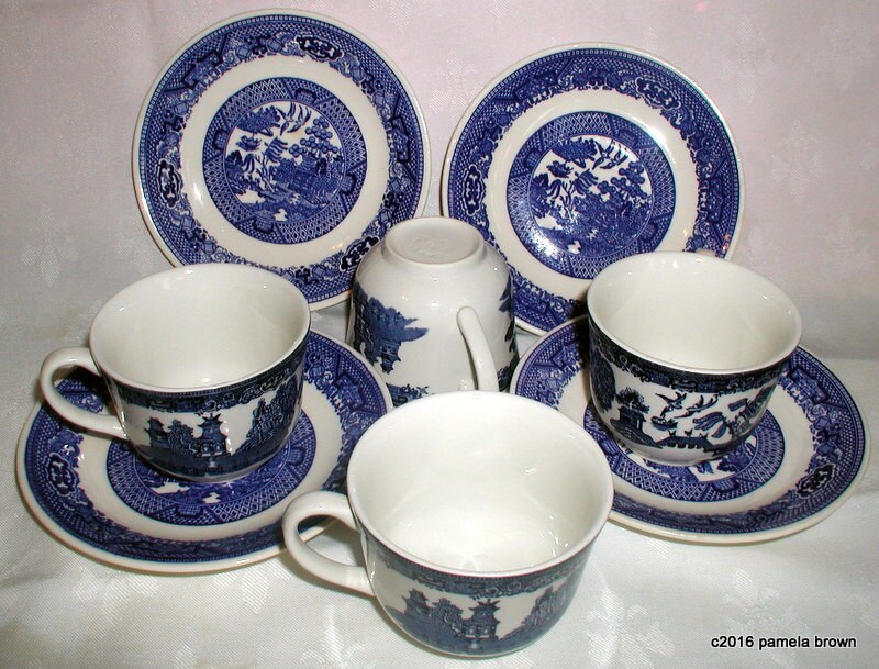 Vintage English Staffordshire Blue Willow Teacups and Saucers