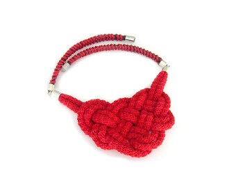Nautical Bib Necklace, Rope Statement Necklace, Red Knotted Bib Necklace, Crochet Necklace, Knot Neclace