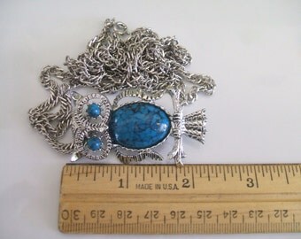 Vintage Silver Tone Faux Turquoise Owl Necklace Pin Brooch Pendant By Gerrys 1960's Hippie Boho Owl Necklace Pin Brooch Pendant 36 inches