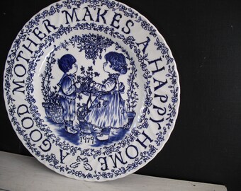 Vintage Staffordshire Mother Plate - Blue and White 1979