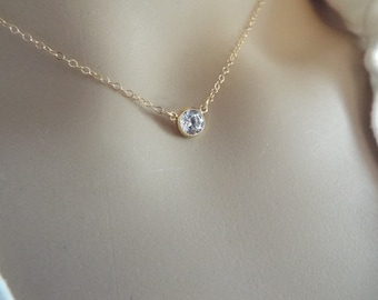 necklace diamond single choker gold tiny cz delicate pendant 14k fill everyday layering solitaire