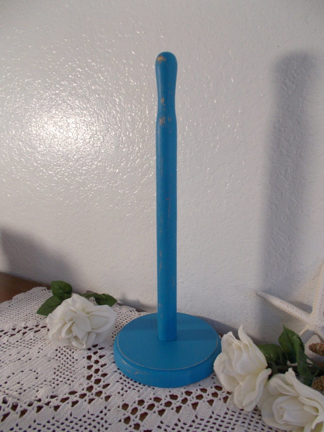 Aqua Turquoise Blue Paper Towel Holder Shabby Chic Wood Beach