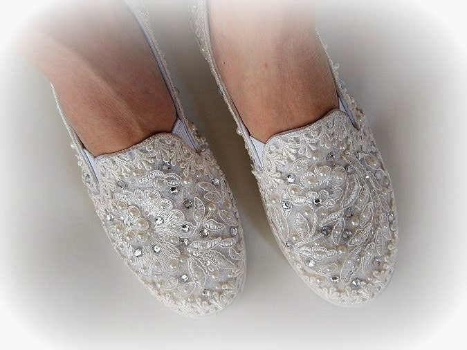 Wedding Bridal Flat Tennis Shoes chic Ivory cream lace