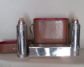 Leather Thermos Case, Model #160 Antique, Two Thermos Bottles, Biscuit/Sandwich Tin Early 1900's Expedition Fishing Hunting Sporting Picnic Leather Thermos Case, Model #160 Antique, Two Thermos Bottles, Biscuit/Sandwich Tin Early 1900's Expedition Fishing Hunting Sporting Picnic