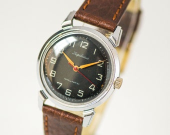 Black men's wristwatch Kirovskie, military watch him mid century rare, simple men watch 50s, classy men's watch, new premium leather strap