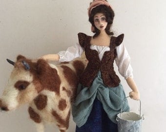 OOAK art doll Milkmaid Victorian needle felt cow posable cloth soft sculpture rustic home decor