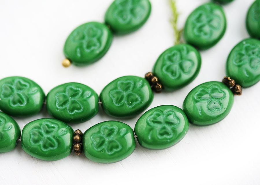 Green Shamrock beads Czech glass clover beads St. Patrick