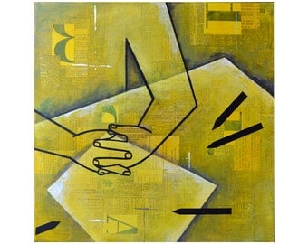 20x20 collage wall art, 'Waiting for Inspiration', original canvas painting, abstract painting, by Elizabeth Rosen