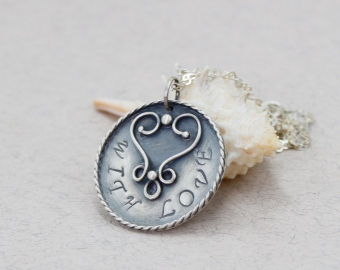 Love Pendant Love Necklace Disk Necklace Hand Stamped Jewelry Gift for Her Anniversary Gift Personalized Gift Personalized Jewelry Silver