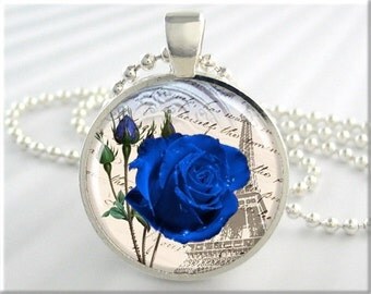 Blue Rose Pendant Charm, Eiffel Tower Pendant, Paris Rose Picture Necklace, Picture Pendant, Paris France, Round Silver Art Pendant (736RS)