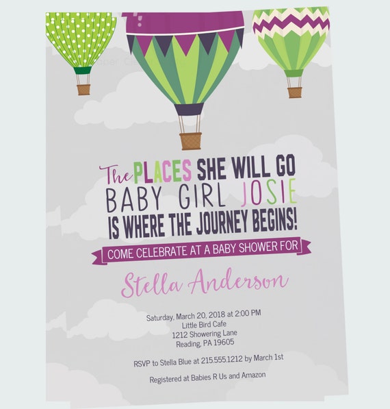 Purple Balloon Girls Baby Shower Invitation Places to Go ...