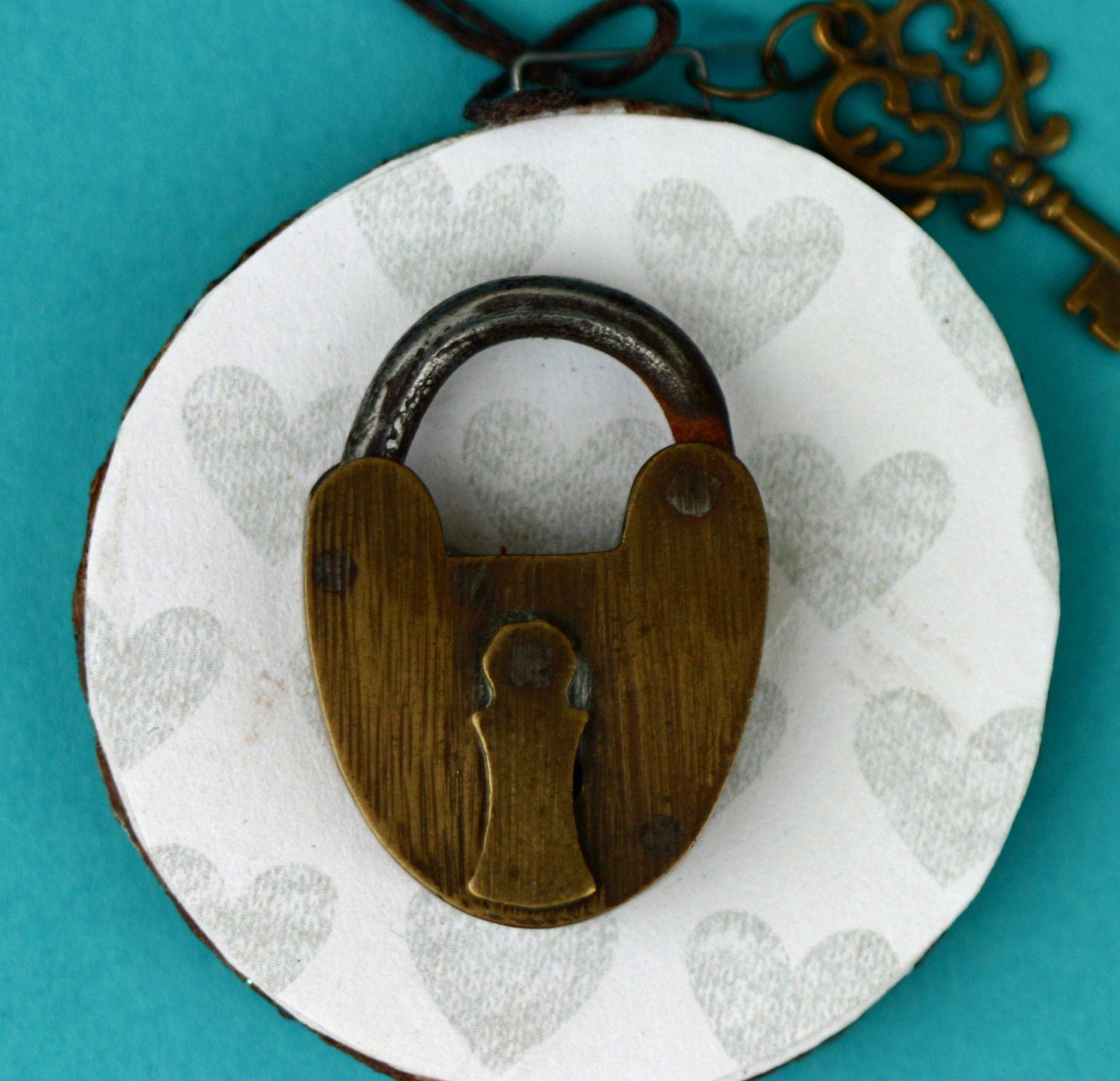 Brass lock and key holiday ornament birch wood slice love