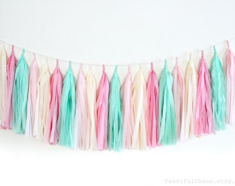 Mint Green, Pink, Cream Tissue Paper Tassel Garland- Wedding, Birthday, Bridal Shower, Baby Shower, Garden Party Decorations