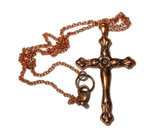 FREE SHIPPING Copper cross pendant, antiqued cross with flower design, copper chain and findings, religious gift, simple elegance